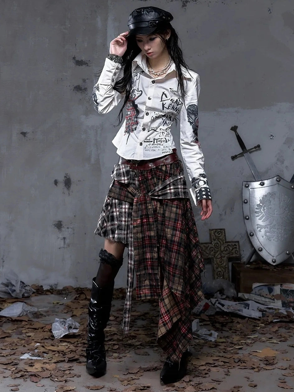 NO ROMANCE Shape Retaining Pure Cotton Gothic Print Slim Fit Long Sleeve Collar Women Shirt