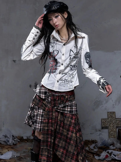 NO ROMANCE Shape Retaining Pure Cotton Gothic Print Slim Fit Long Sleeve Collar Women Shirt