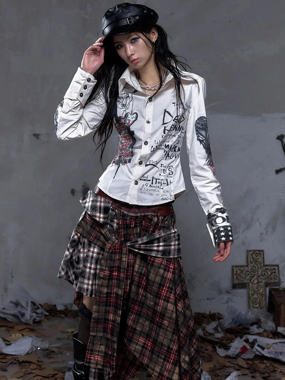 NO ROMANCE Shape Retaining Pure Cotton Gothic Print Slim Fit Long Sleeve Collar Women Shirt