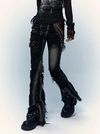 NO ROMANCE Shape Retaining Stretch Slim Low Rise Plaid Distressed Black Women Casual Jeans