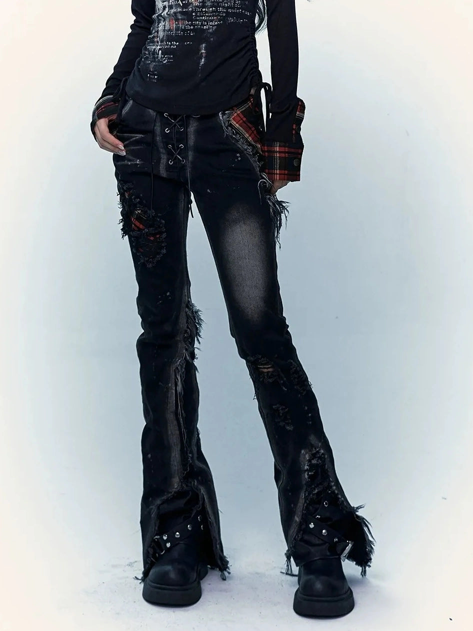 NO ROMANCE Shape Retaining Stretch Slim Low Rise Plaid Distressed Black Women Casual Jeans