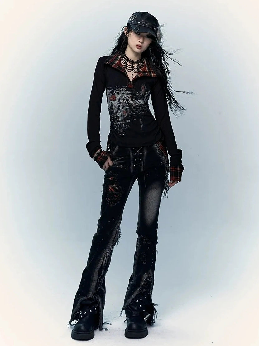 NO ROMANCE Shape Retaining Stretch Slim Low Rise Plaid Distressed Black Women Casual Jeans