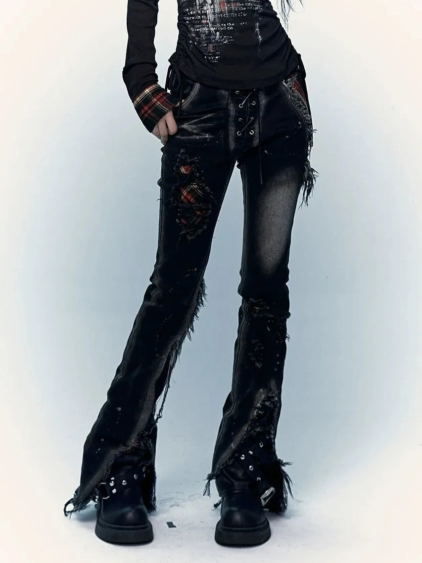 NO ROMANCE Shape Retaining Stretch Slim Low Rise Plaid Distressed Black Women Casual Jeans