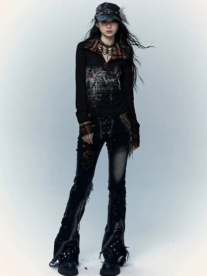 NO ROMANCE Shape Retaining Stretch Slim Low Rise Plaid Distressed Black Women Casual Jeans