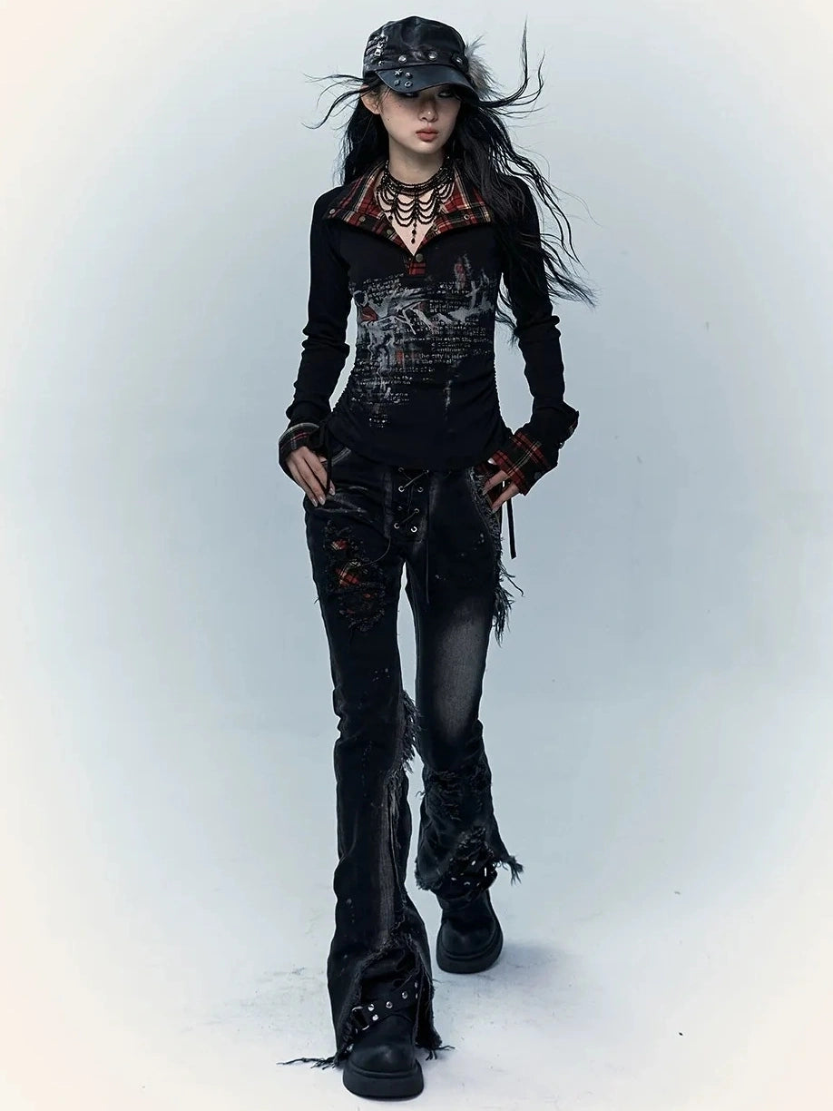 NO ROMANCE Shape Retaining Stretch Slim Low Rise Plaid Distressed Black Women Casual Jeans