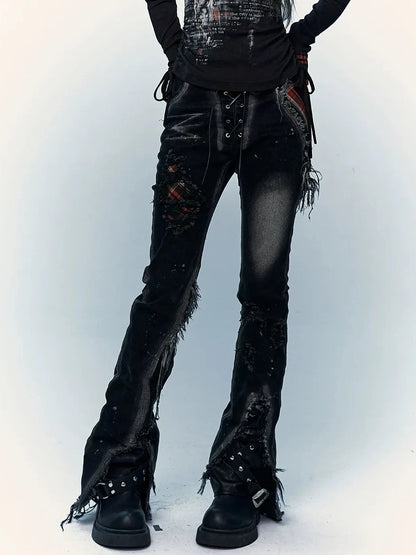 NO ROMANCE Shape Retaining Stretch Slim Low Rise Plaid Distressed Black Women Casual Jeans