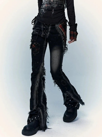 NO ROMANCE Shape Retaining Stretch Slim Low Rise Plaid Distressed Black Women Casual Jeans