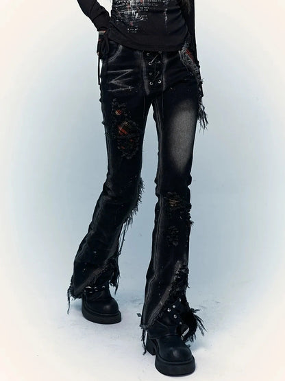 NO ROMANCE Shape Retaining Stretch Slim Low Rise Plaid Distressed Black Women Casual Jeans