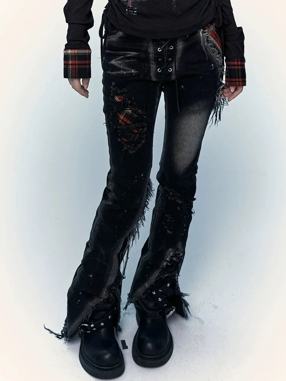 NO ROMANCE Shape Retaining Stretch Slim Low Rise Plaid Distressed Black Women Casual Jeans