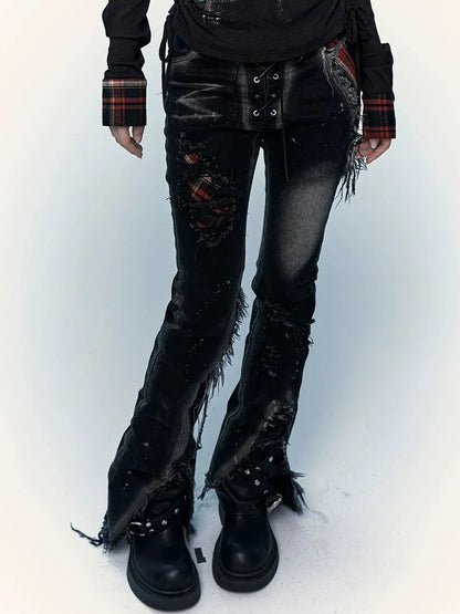 NO ROMANCE Shape Retaining Stretch Slim Low Rise Plaid Distressed Black Women Casual Jeans