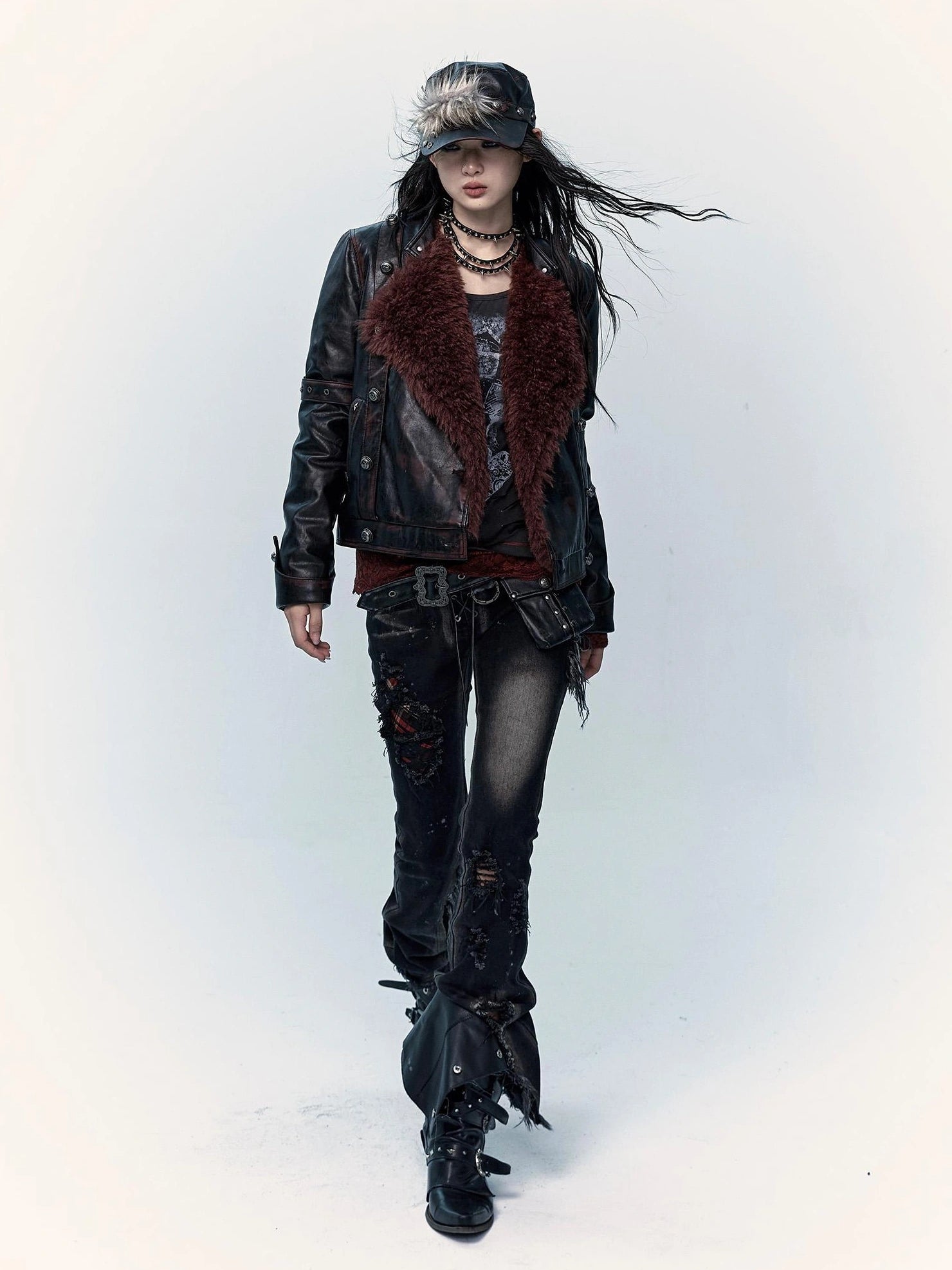 NO ROMANCE Shape Retaining Stretch Slim Low Rise Plaid Distressed Black Women Casual Jeans