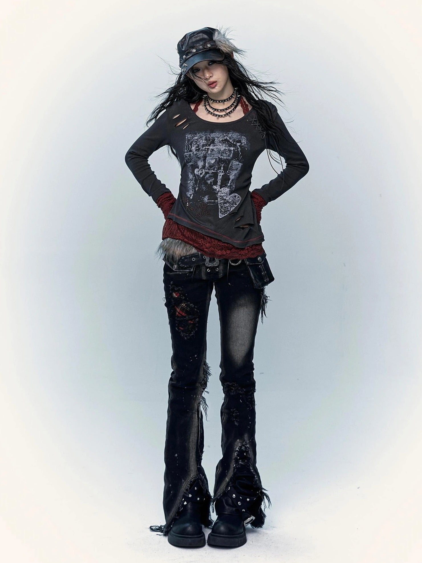 NO ROMANCE Shape Retaining Stretch Slim Low Rise Plaid Distressed Black Women Casual Jeans