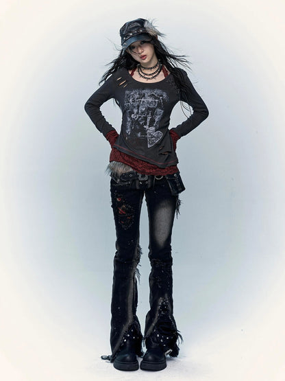 NO ROMANCE Shape Retaining Stretch Slim Low Rise Plaid Distressed Black Women Casual Jeans