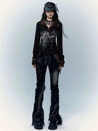 NO ROMANCE Shape Retaining Stretch Slim Low Rise Plaid Distressed Black Women Casual Jeans