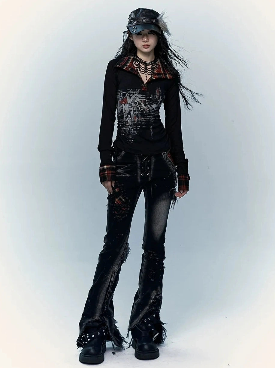 NO ROMANCE Shape Retaining Stretch Slim Low Rise Plaid Distressed Black Women Casual Jeans