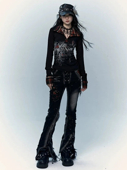 NO ROMANCE Shape Retaining Stretch Slim Low Rise Plaid Distressed Black Women Casual Jeans