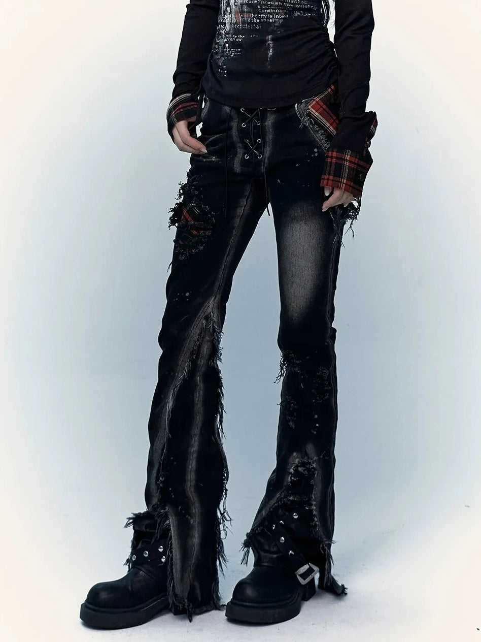 NO ROMANCE Shape Retaining Stretch Slim Low Rise Plaid Distressed Black Women Casual Jeans