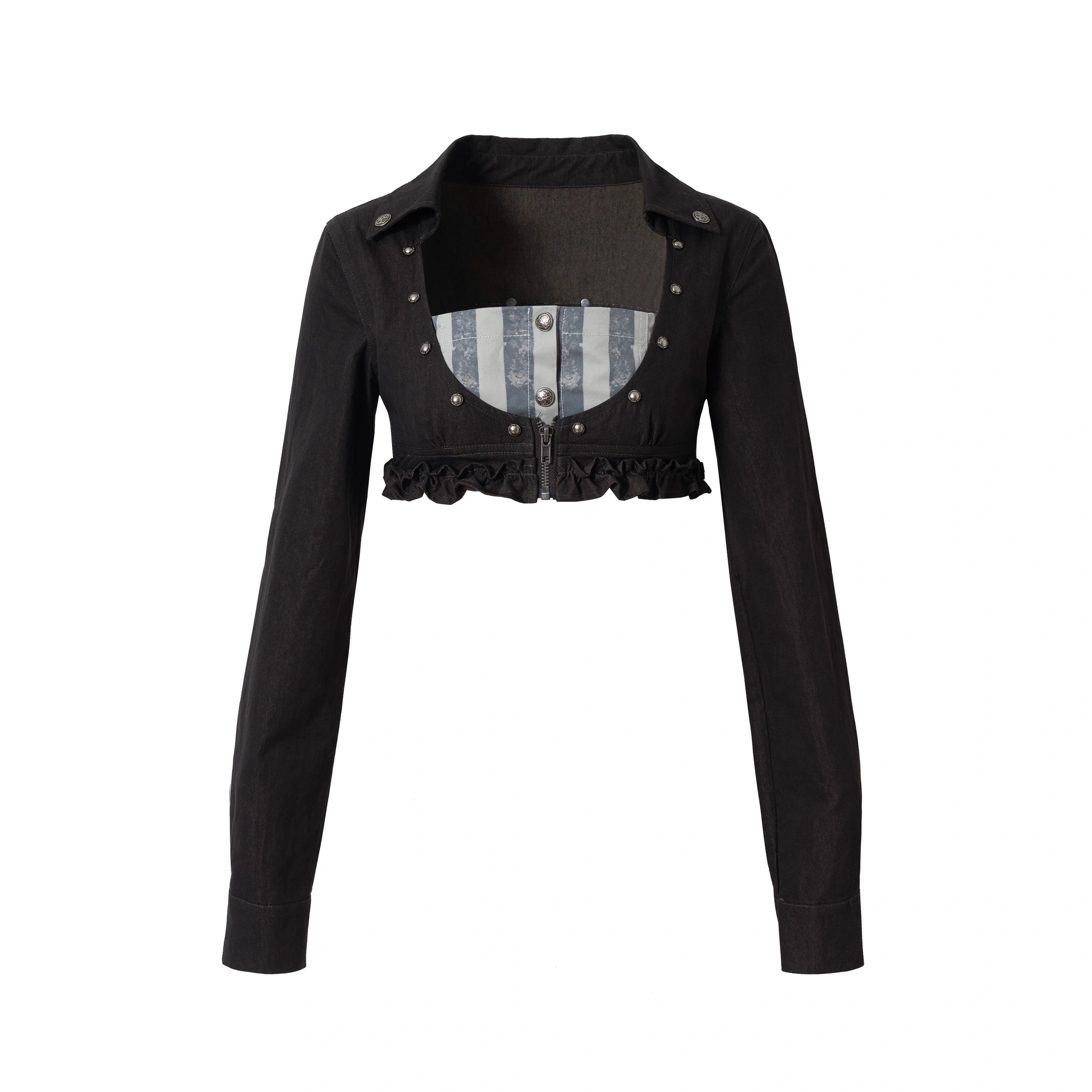 NO_ROMANCE_Shape_Retention_Slim_Fit_Zip_Front_Printed_Original_Design_Long_Sleeve_Women_Black_Blouse_MISSTT
