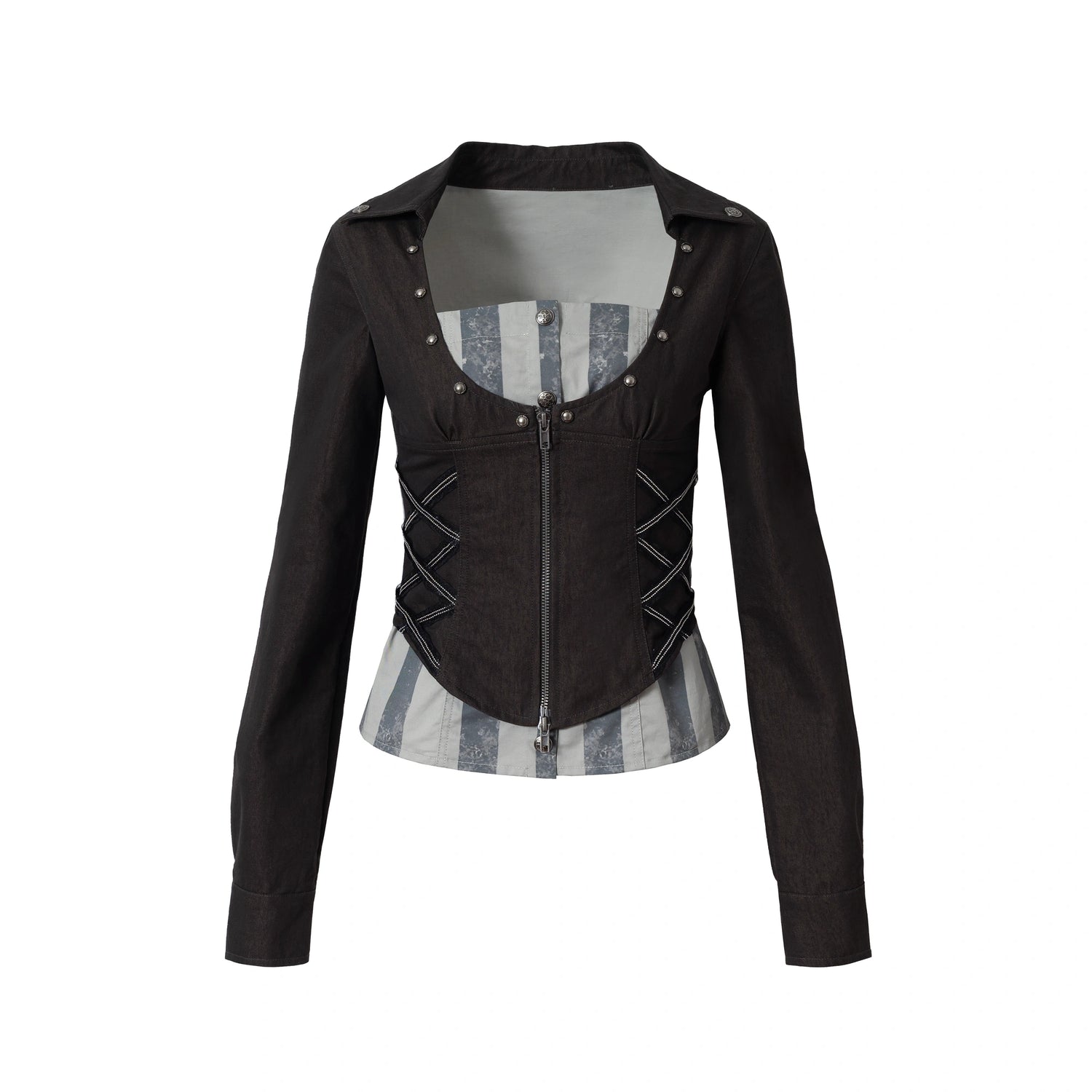 NO_ROMANCE_Shape_Retention_Slim_Fit_Zip_Front_Printed_Original_Design_Long_Sleeve_Women_Black_Blouse_MISSTT