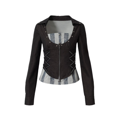 NO_ROMANCE_Shape_Retention_Slim_Fit_Zip_Front_Printed_Original_Design_Long_Sleeve_Women_Black_Blouse_MISSTT