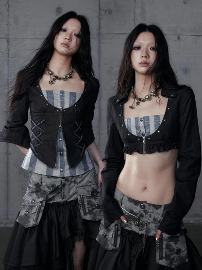 NO ROMANCE Shape Retention Slim Fit Zip Front Printed Original Design Long Sleeve Women Black Blouse