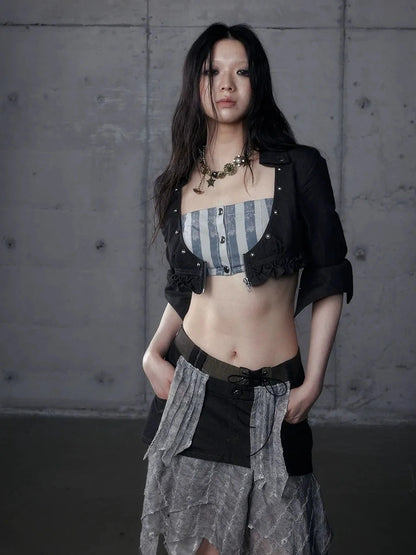 NO ROMANCE Shape Retention Slim Fit Zip Front Printed Original Design Long Sleeve Women Black Blouse