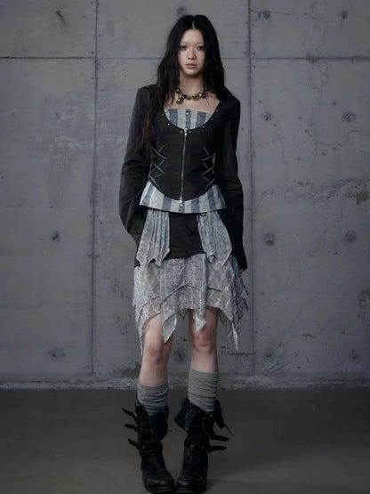 NO ROMANCE Shape Retention Slim Fit Zip Front Printed Original Design Long Sleeve Women Black Blouse