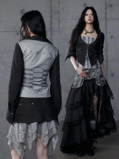 NO ROMANCE Shape Retention Slim Fit Zip Front Printed Original Design Long Sleeve Women Black Blouse