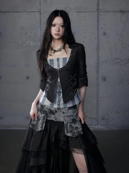 NO ROMANCE Shape Retention Slim Fit Zip Front Printed Original Design Long Sleeve Women Black Blouse