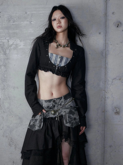 NO ROMANCE Shape Retention Slim Fit Zip Front Printed Original Design Long Sleeve Women Black Blouse