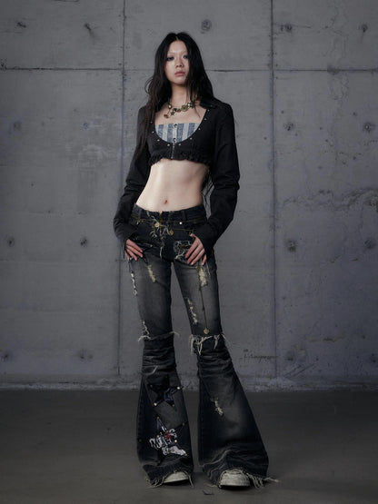 NO ROMANCE Shape Retention Slim Fit Zip Front Printed Original Design Long Sleeve Women Black Blouse