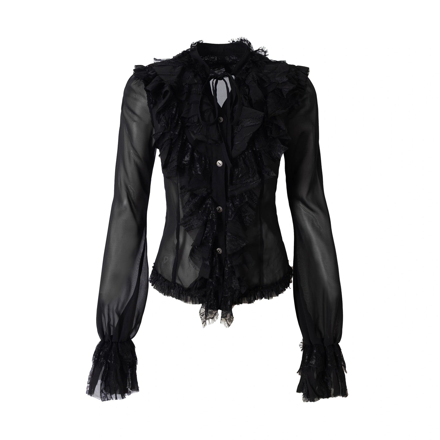 NO_ROMANCE_Slim_Fit_Chiffon_Ruffle_Stand_Collar_Open_Cuffs_Long_Sleeve_Vintage_Women_Blouse_MISSTT