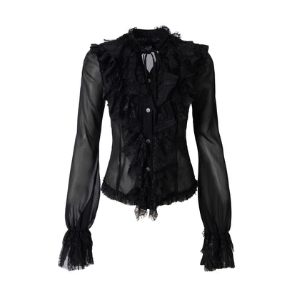 NO_ROMANCE_Slim_Fit_Chiffon_Ruffle_Stand_Collar_Open_Cuffs_Long_Sleeve_Vintage_Women_Blouse_MISSTT