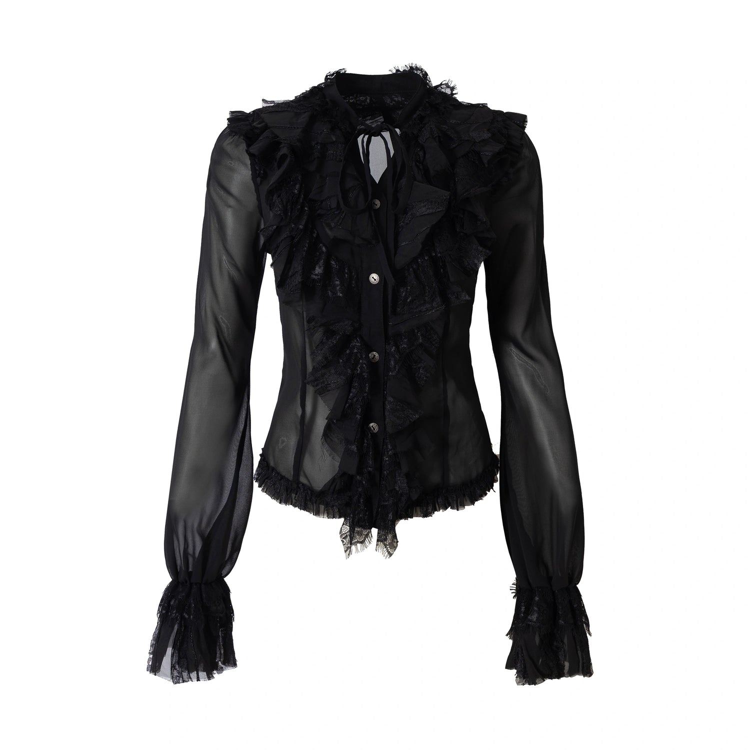 NO_ROMANCE_Slim_Fit_Chiffon_Ruffle_Stand_Collar_Open_Cuffs_Long_Sleeve_Vintage_Women_Blouse_MISSTT