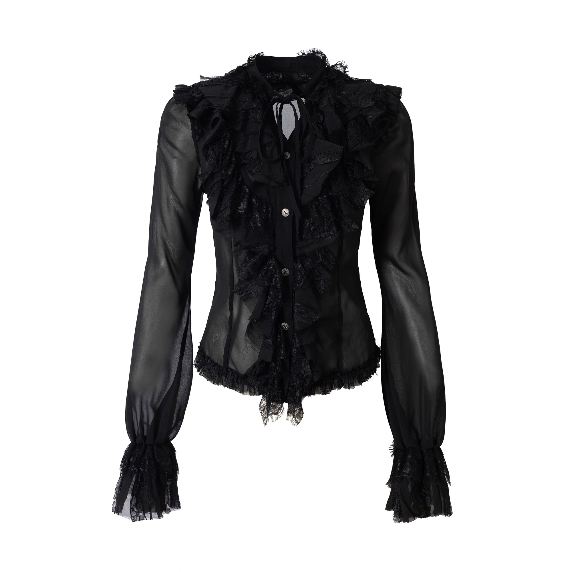 NO_ROMANCE_Slim_Fit_Chiffon_Ruffle_Stand_Collar_Open_Cuffs_Long_Sleeve_Vintage_Women_Blouse_MISSTT