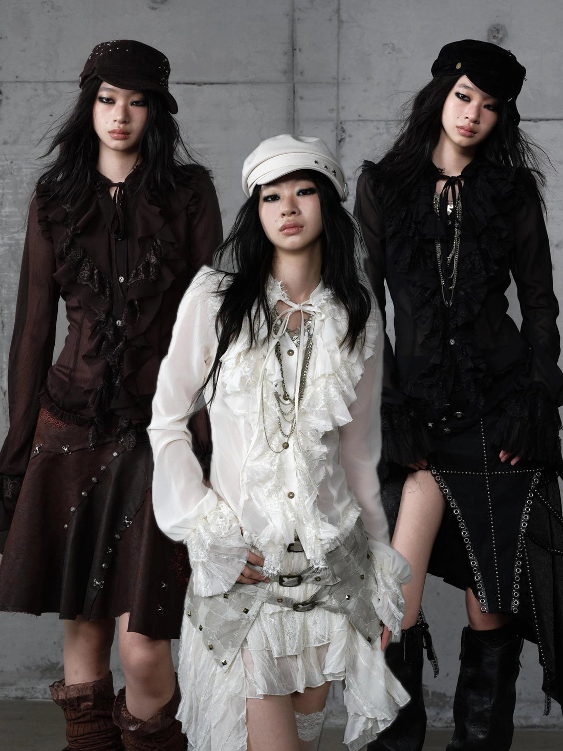 NO ROMANCE Slim Fit Chiffon Ruffle Stand Collar Open Cuffs Long Sleeve Vintage Women Blouse