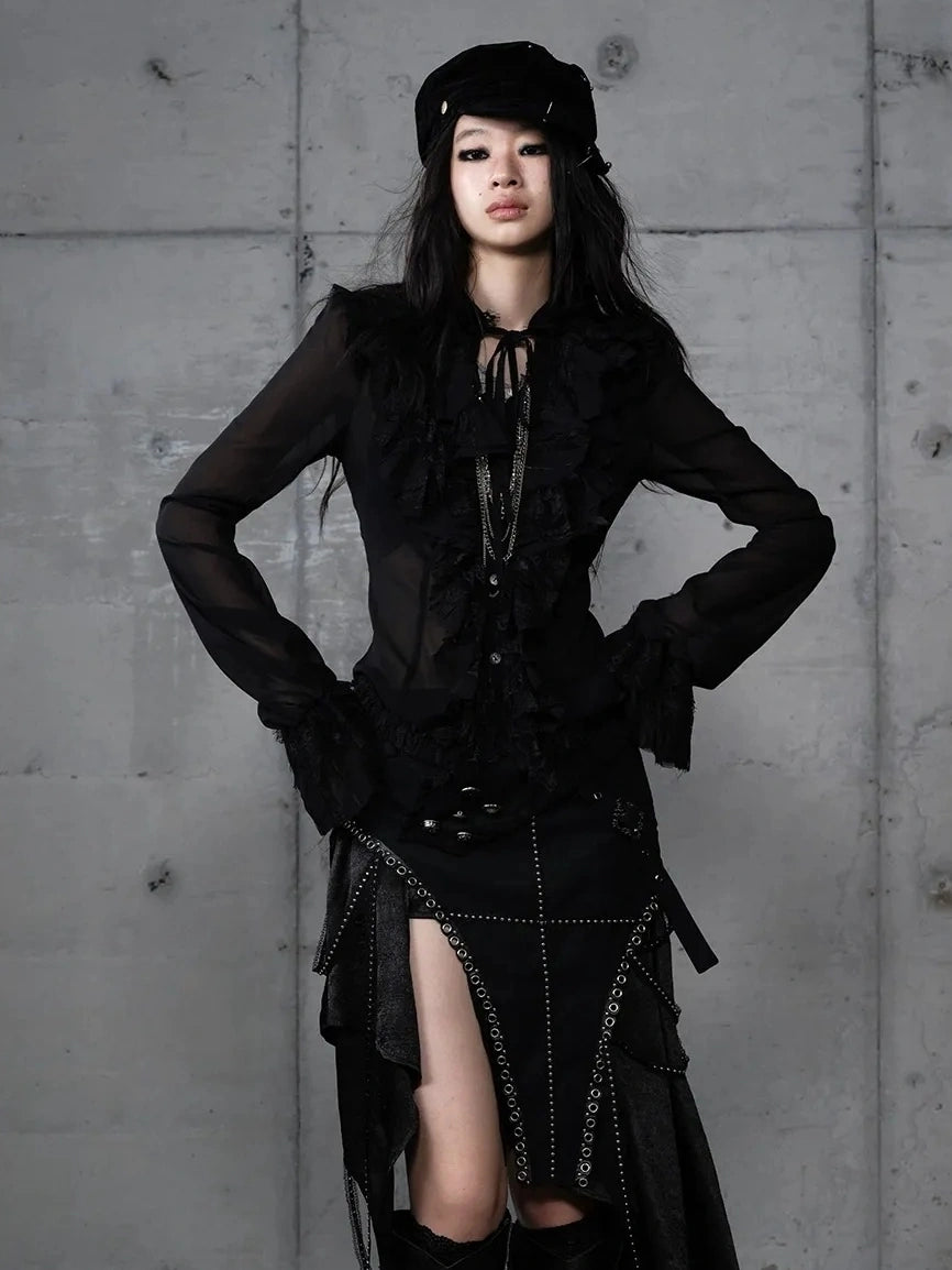 NO ROMANCE Slim Fit Chiffon Ruffle Stand Collar Open Cuffs Long Sleeve Vintage Women Blouse