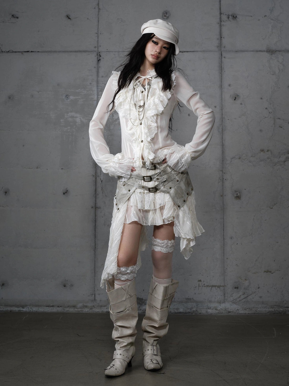 NO ROMANCE Slim Fit Chiffon Ruffle Stand Collar Open Cuffs Long Sleeve Vintage Women Blouse