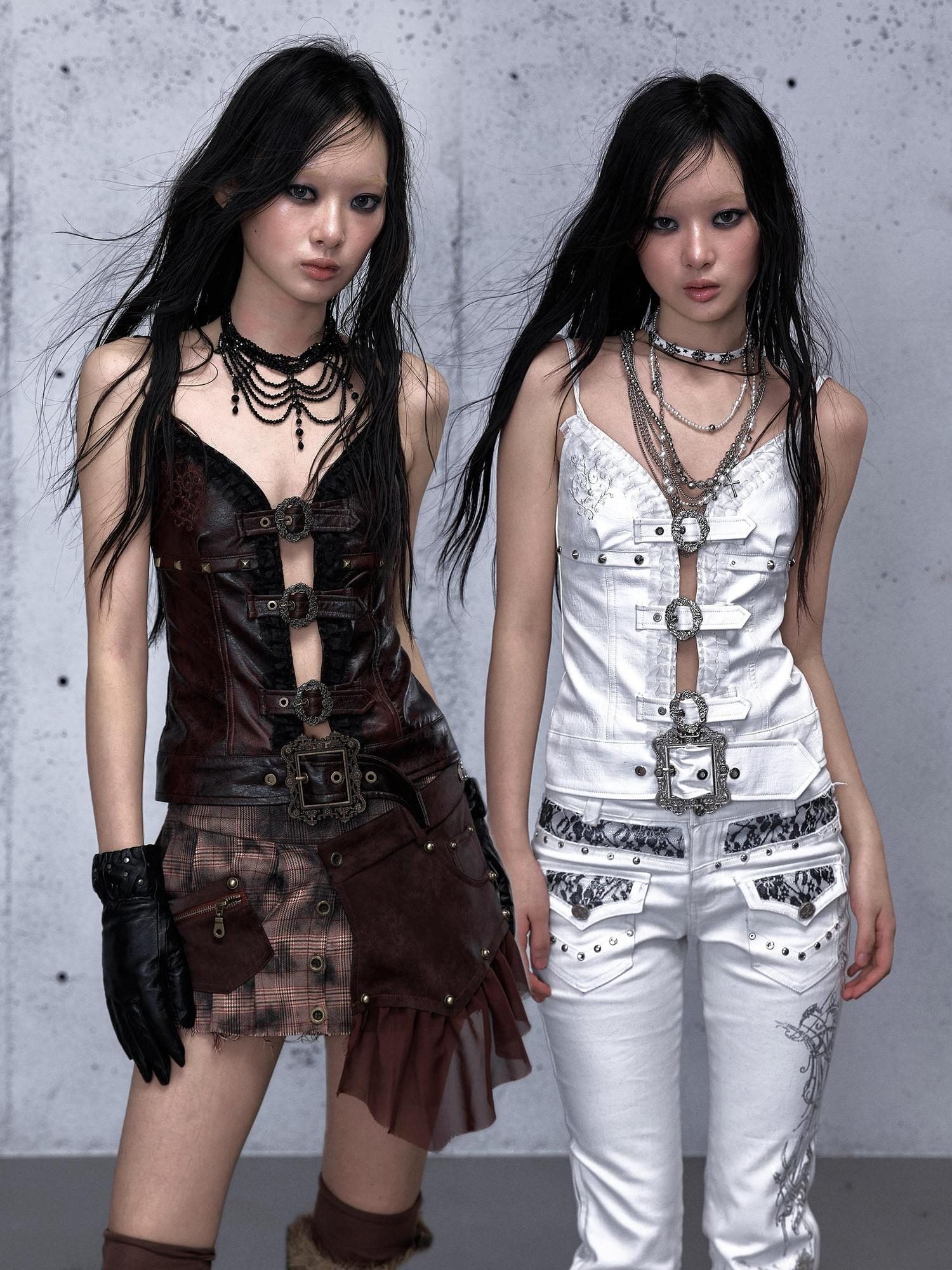 NO ROMANCE Slim Fit Punk Inspired V Neck Layering Camisole Women White Dark Red Tank Tops