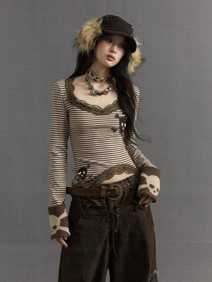 NO ROMANCE Slim V Neck Striped Punk Knit Long Sleeve Women Cotton Stretch T-Shirt