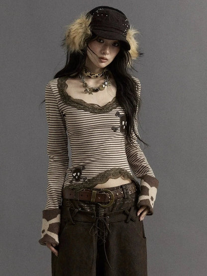 NO ROMANCE Slim V Neck Striped Punk Knit Long Sleeve Women Cotton Stretch T-Shirt