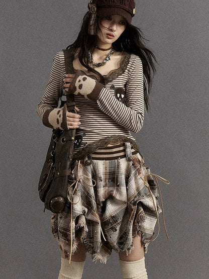 NO ROMANCE Slim V Neck Striped Punk Knit Long Sleeve Women Cotton Stretch T-Shirt