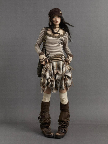 NO ROMANCE Slim V Neck Striped Punk Knit Long Sleeve Women Cotton Stretch T-Shirt