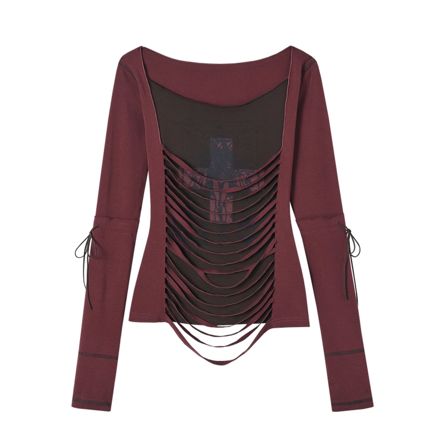 NO_ROMANCE_Soft_Cotton_Blend_Long_Sleeve_Cross_Print_Fake_Layered_Drawstring_Women_T-Shirt_MISSTT