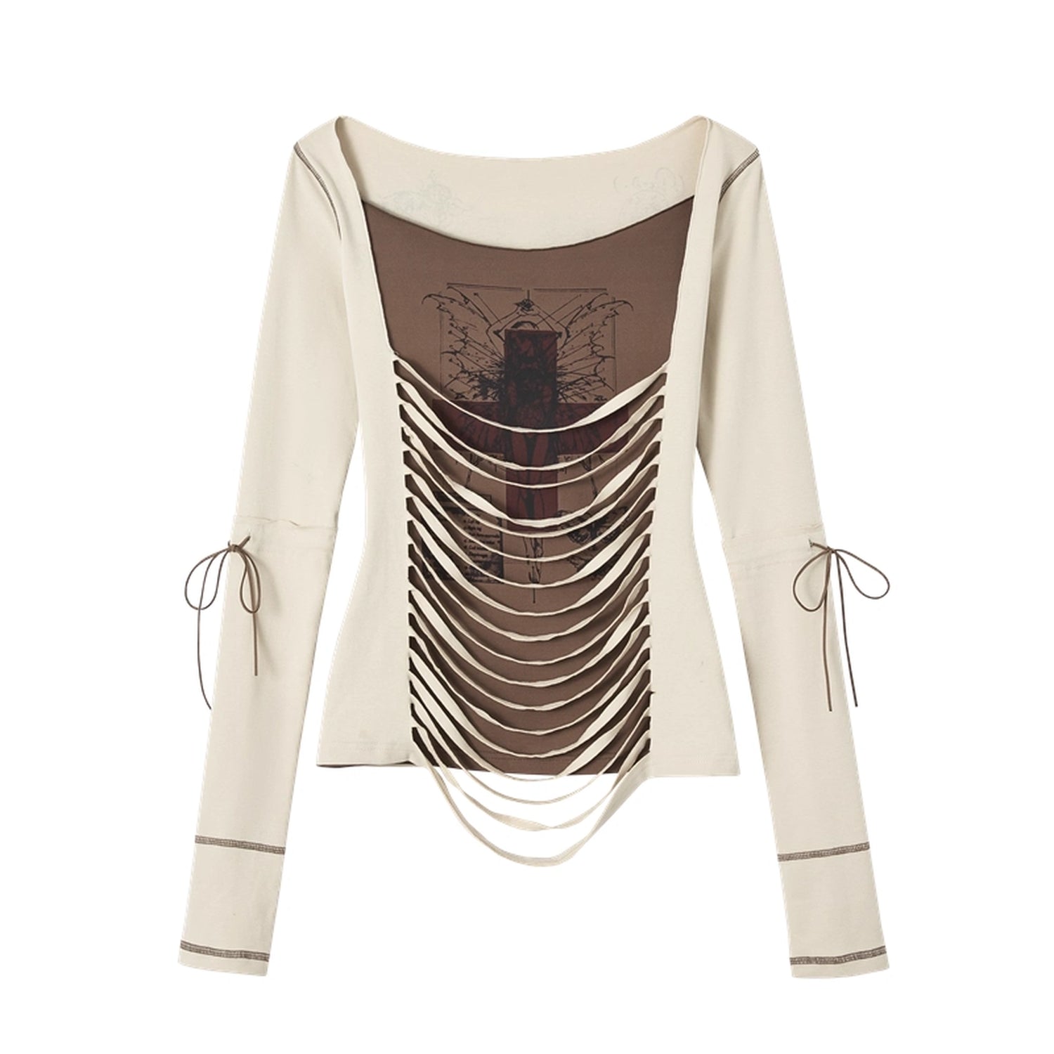 NO_ROMANCE_Soft_Cotton_Blend_Long_Sleeve_Cross_Print_Fake_Layered_Drawstring_Women_T-Shirt_MISSTT