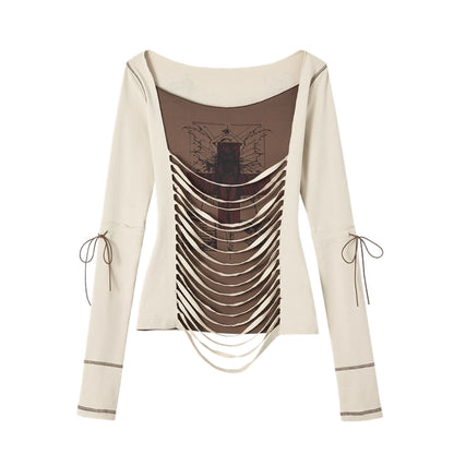 NO_ROMANCE_Soft_Cotton_Blend_Long_Sleeve_Cross_Print_Fake_Layered_Drawstring_Women_T-Shirt_MISSTT