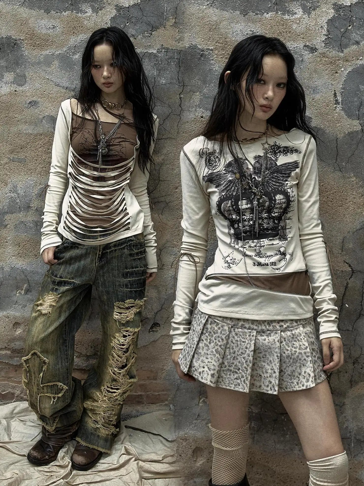 NO ROMANCE Soft Cotton Blend Long Sleeve Cross Print Fake Layered Drawstring Women T-Shirt