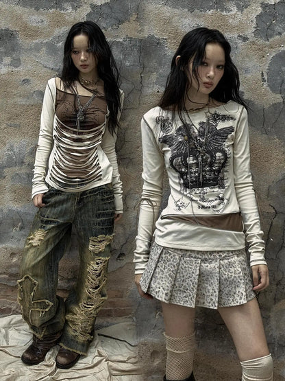 NO ROMANCE Soft Cotton Blend Long Sleeve Cross Print Fake Layered Drawstring Women T-Shirt