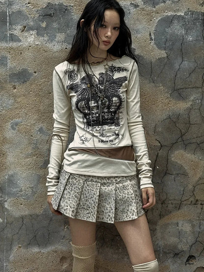 NO ROMANCE Soft Cotton Blend Long Sleeve Cross Print Fake Layered Drawstring Women T-Shirt