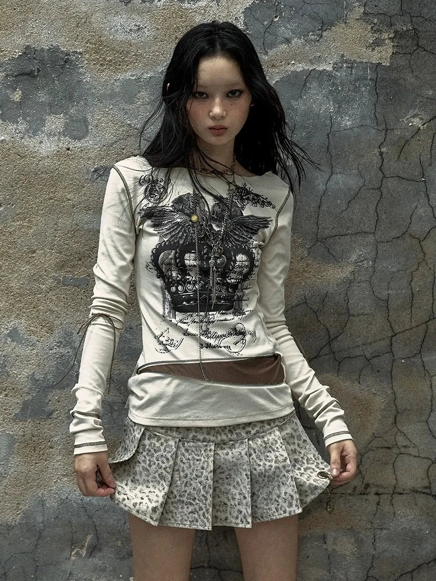 NO ROMANCE Soft Cotton Blend Long Sleeve Cross Print Fake Layered Drawstring Women T-Shirt